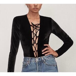 Reformation Avalon Lace-Up Velvet Bodysuit /Black/ M